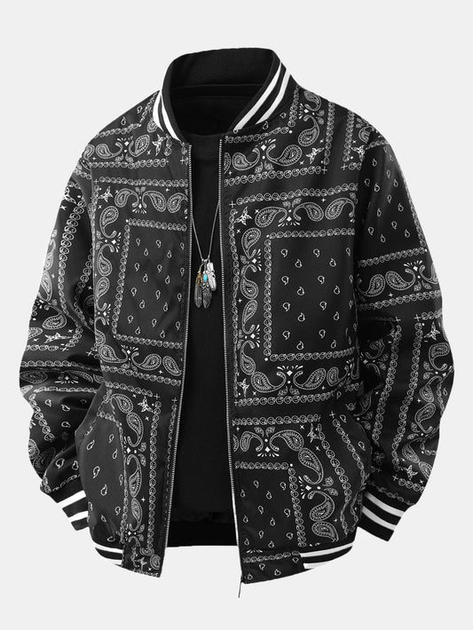 Men's Bandana Print Bomber Jacket Full Zip Ribbed Collar