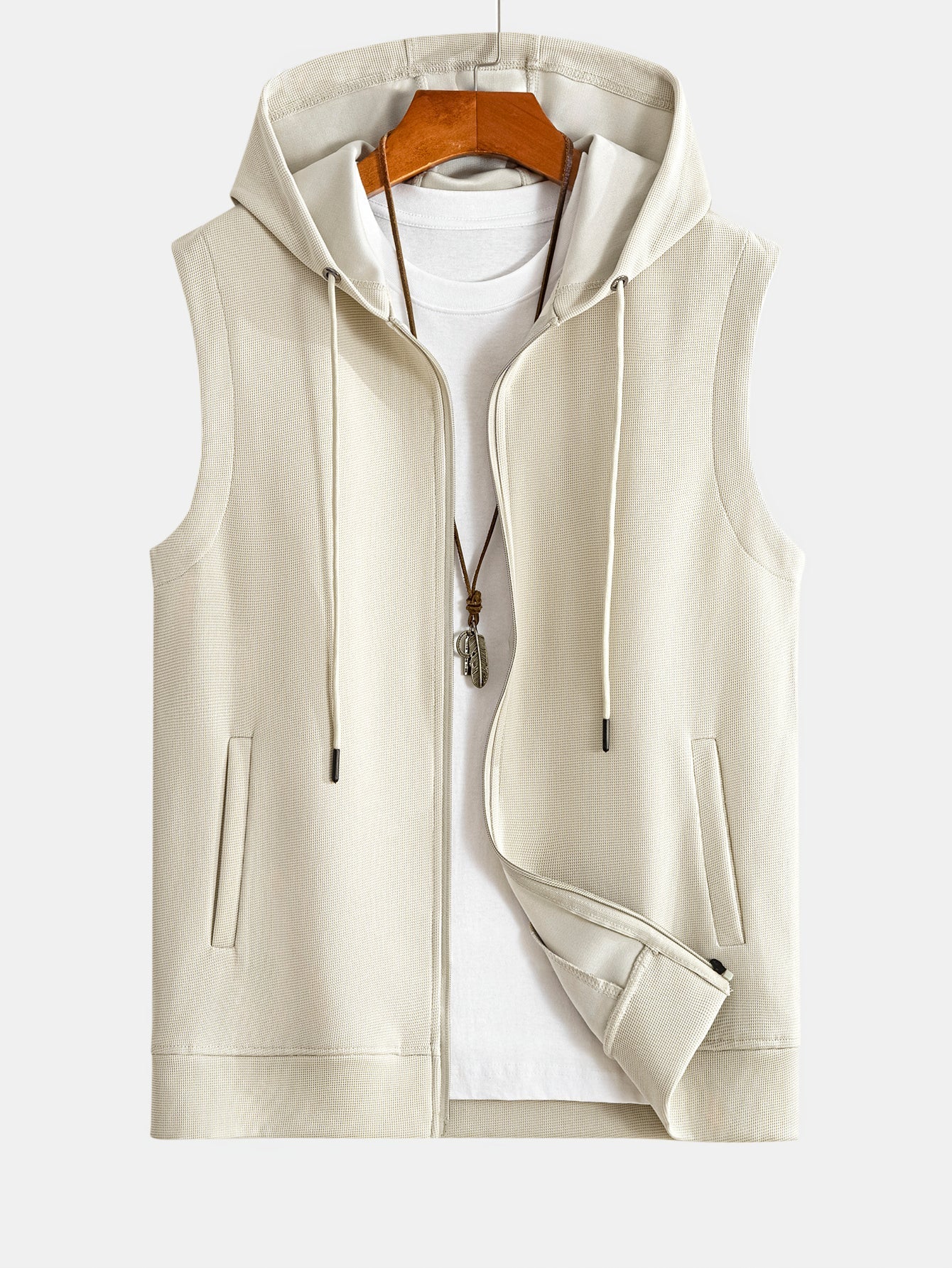 Men's Full Zip Hooded Vest Sleeveless Jacket Drawstring