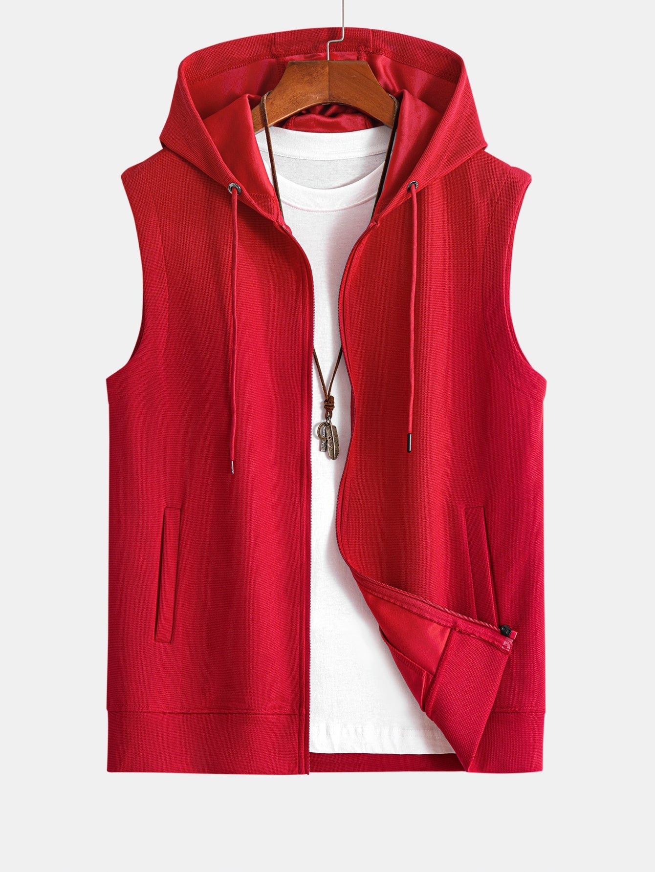 Men's Full Zip Hooded Vest Sleeveless Jacket Drawstring