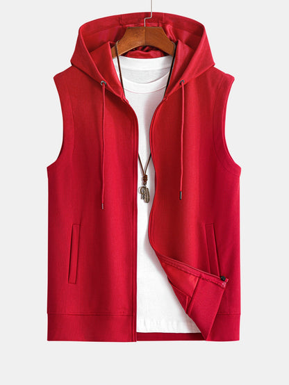 Men's Full Zip Hooded Vest Sleeveless Jacket Drawstring