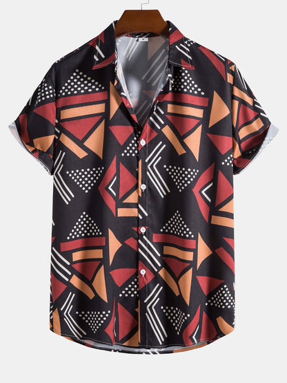 Men's Geometric Print Shirt with Elastic Waist Shorts Set