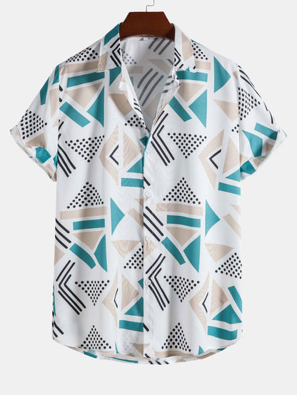 Men's Geometric Print Shirt with Elastic Waist Shorts Set