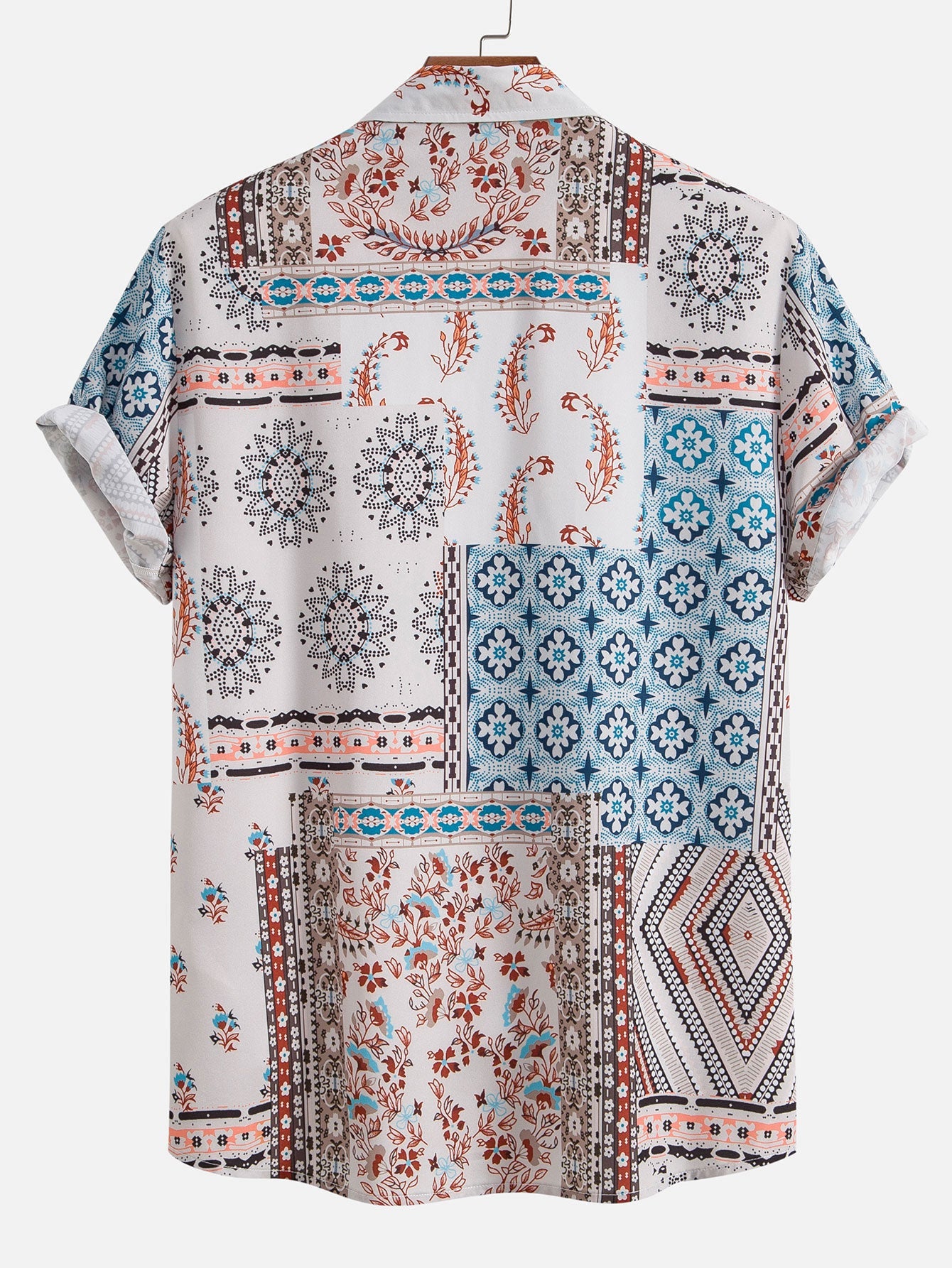 Men's Patchwork Print Shirt Short Sleeve Button Up Shirt