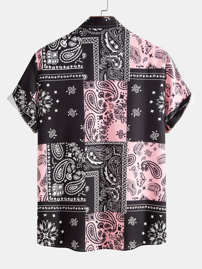 Men's Button Up Patch Print Shirt Short Sleeve Regular Fit Top