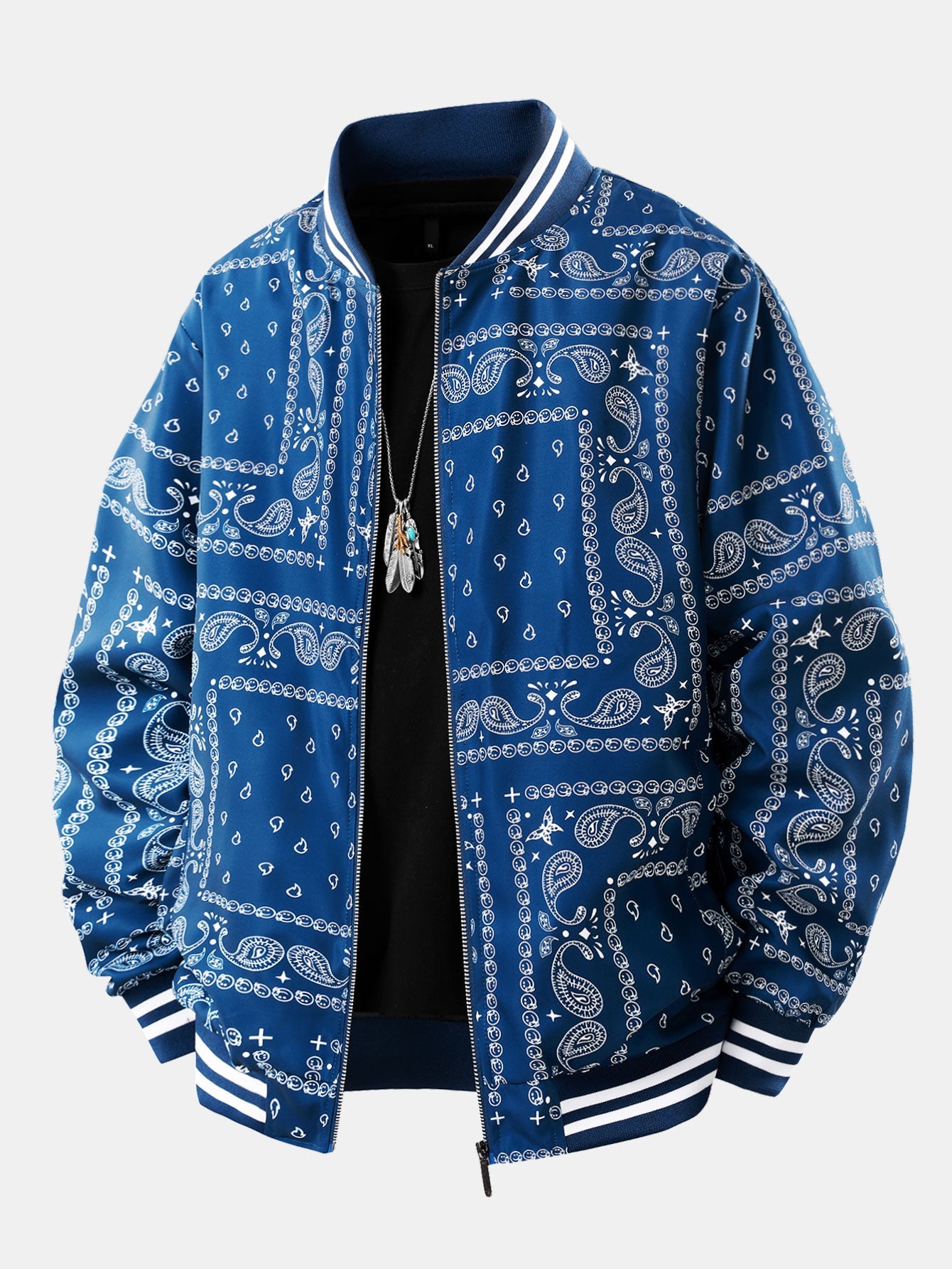 Men's Bandana Print Bomber Jacket Full Zip Ribbed Collar