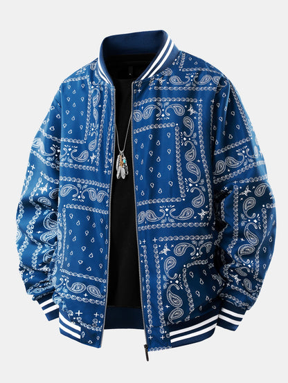 Men's Bandana Print Bomber Jacket Full Zip Ribbed Collar
