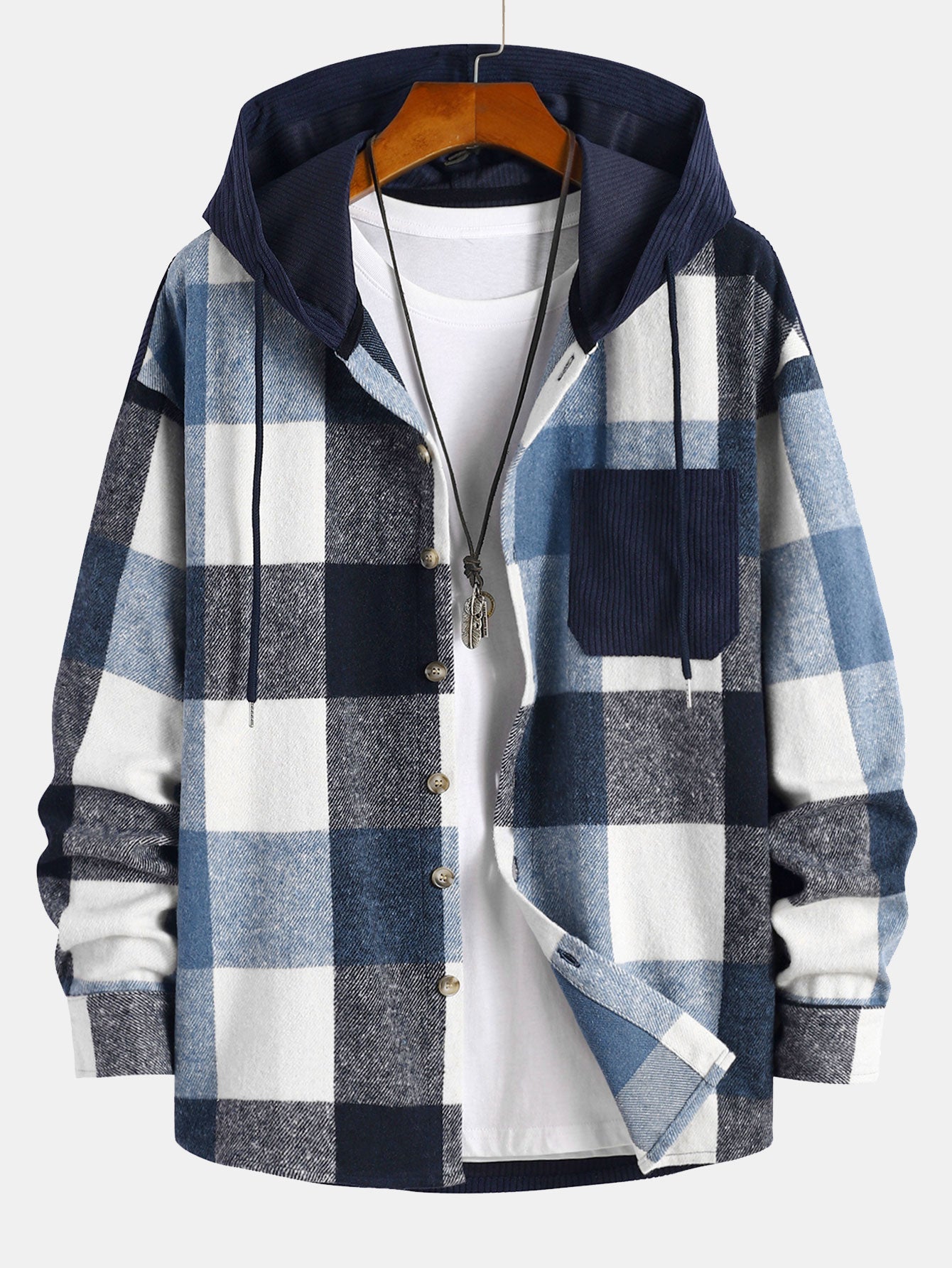 Men's Plaid Hooded Shirt Button Up Long Sleeve Overshirt Top