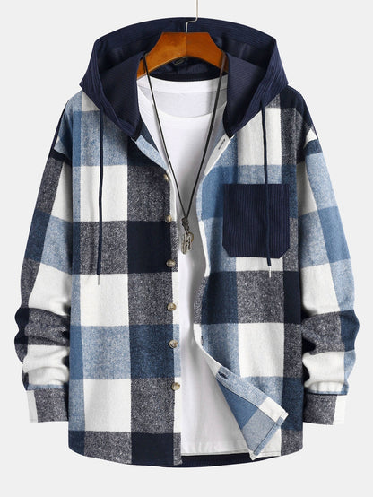 Men's Plaid Hooded Shirt Button Up Long Sleeve Overshirt Top