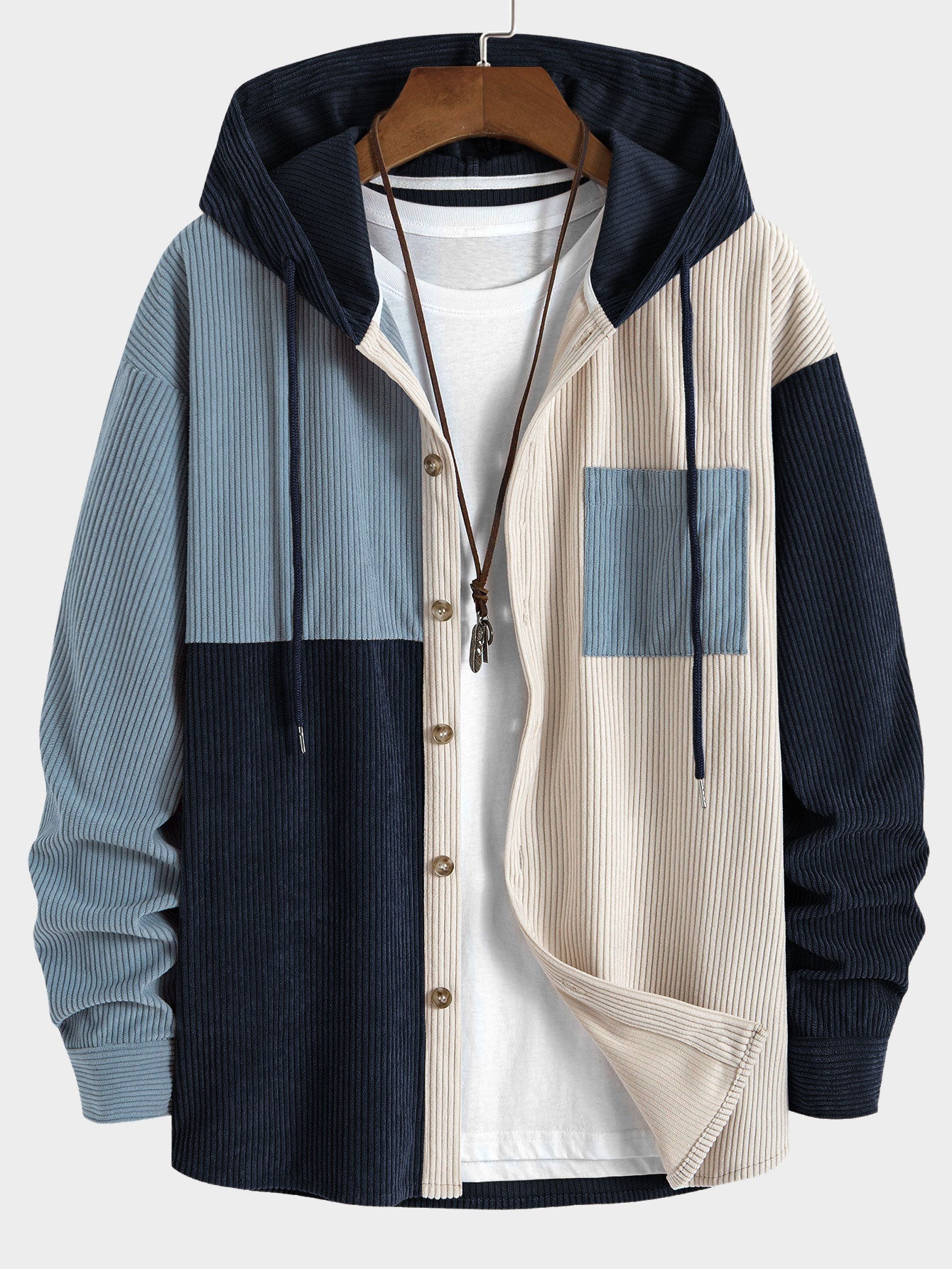 Men's Hooded Color Block Shirt Long Sleeve Button Front Shacket Top