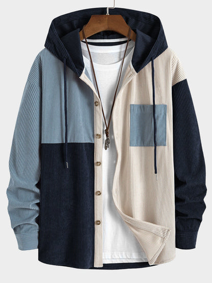 Men's Hooded Color Block Shirt Long Sleeve Button Front Shacket Top