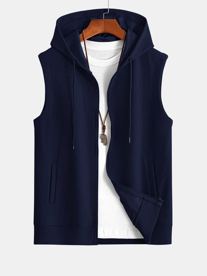 Men's Full Zip Hooded Vest Sleeveless Jacket Drawstring