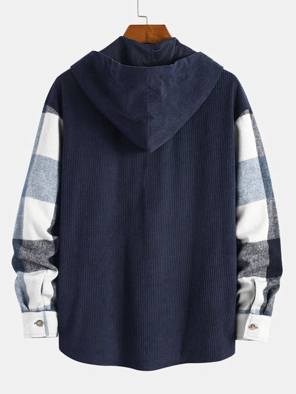 Men's Plaid Hooded Shirt Button Up Long Sleeve Overshirt Top