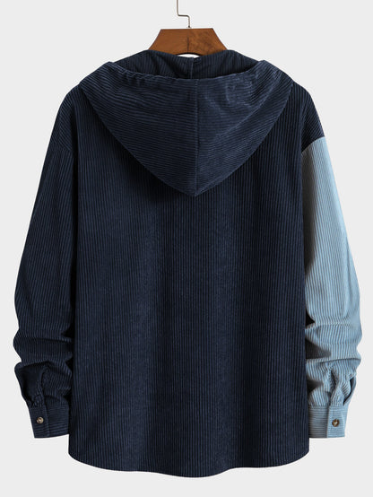 Men's Hooded Color Block Shirt Long Sleeve Button Front Shacket Top