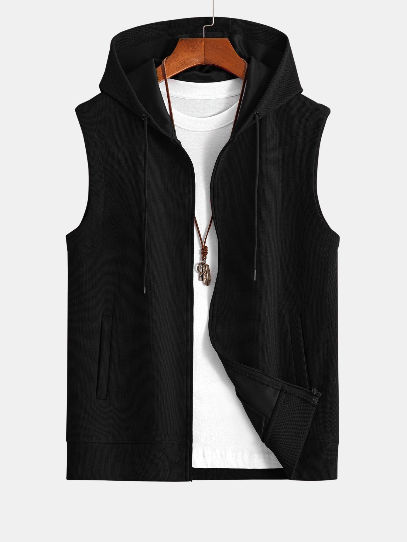 Men's Full Zip Hooded Vest Sleeveless Jacket Drawstring