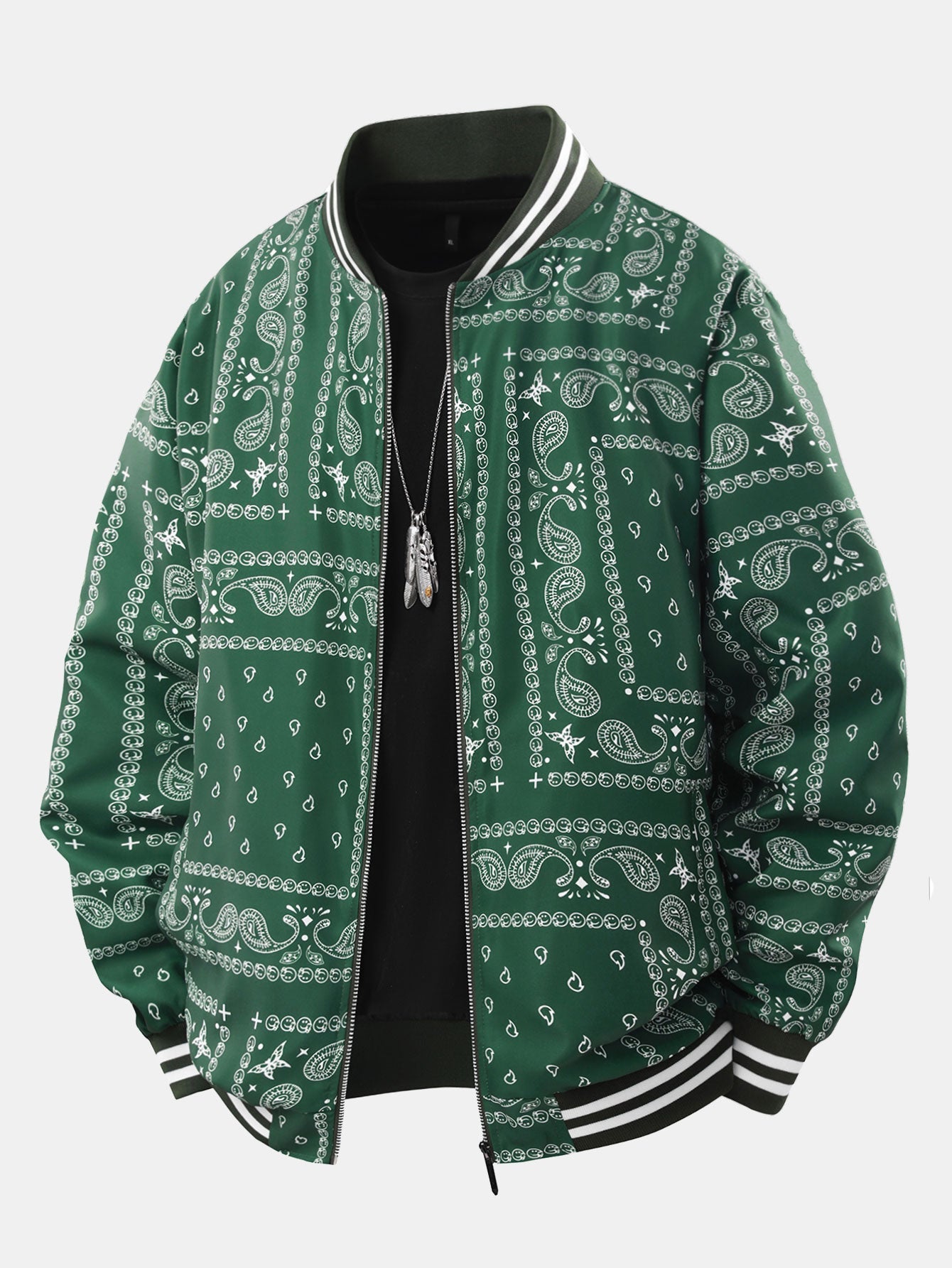 Men's Bandana Print Bomber Jacket Full Zip Ribbed Collar