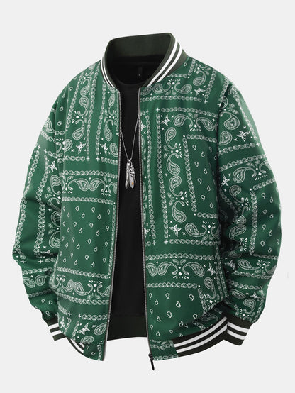 Men's Bandana Print Bomber Jacket Full Zip Ribbed Collar