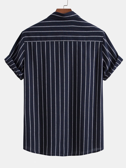 Men's Short Sleeve Striped Shirt Button Front Regular Fit Top