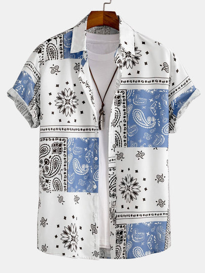 Men's Button Up Patch Print Shirt Short Sleeve Regular Fit Top