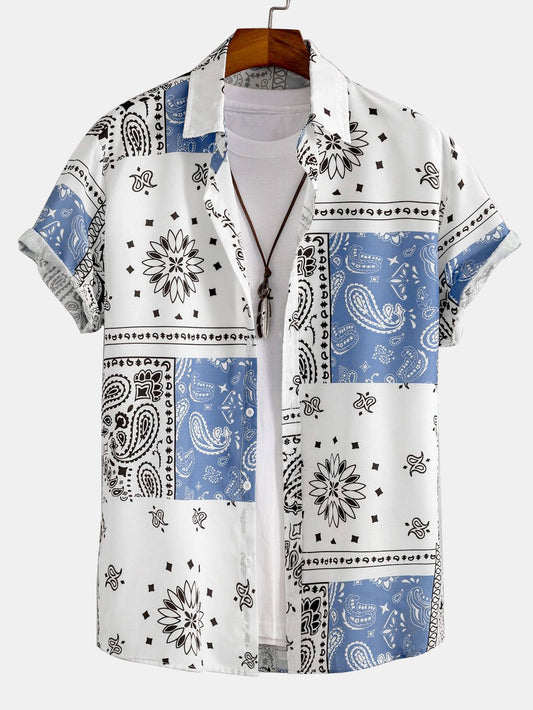 Men's Button Up Patch Print Shirt Short Sleeve Regular Fit Top