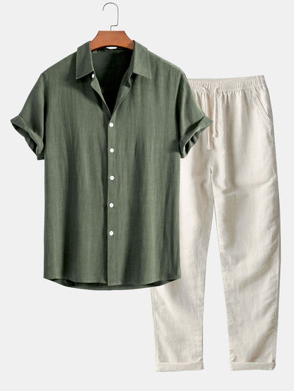 Men's Button Front Shirt and Drawstring Pants Two Piece Set