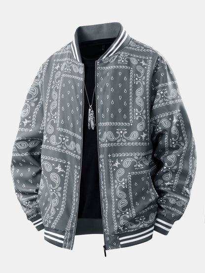 Men's Bandana Print Bomber Jacket Full Zip Ribbed Collar