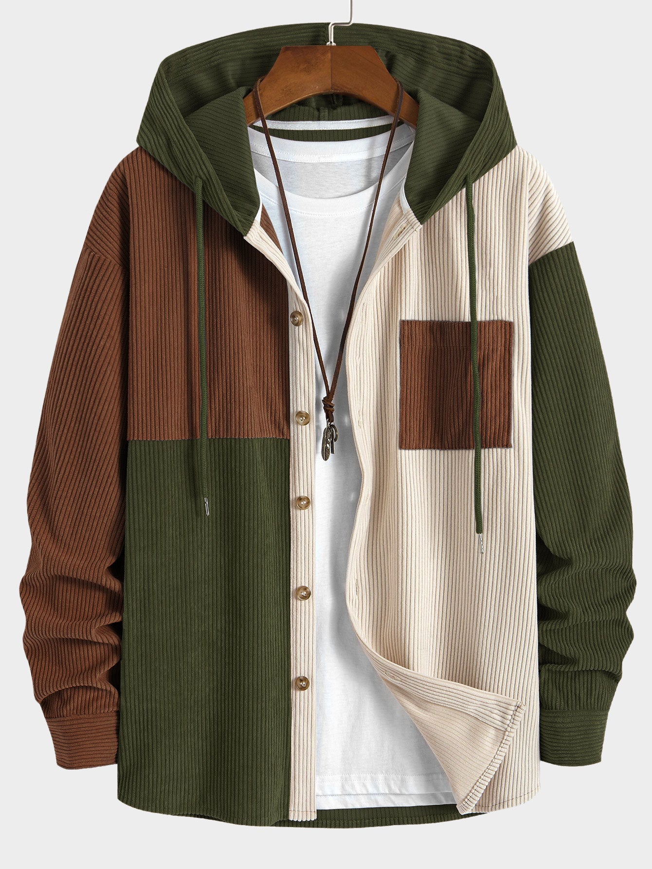 Men's Hooded Color Block Shirt Long Sleeve Button Front Shacket Top
