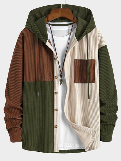Men's Hooded Color Block Shirt Long Sleeve Button Front Shacket Top