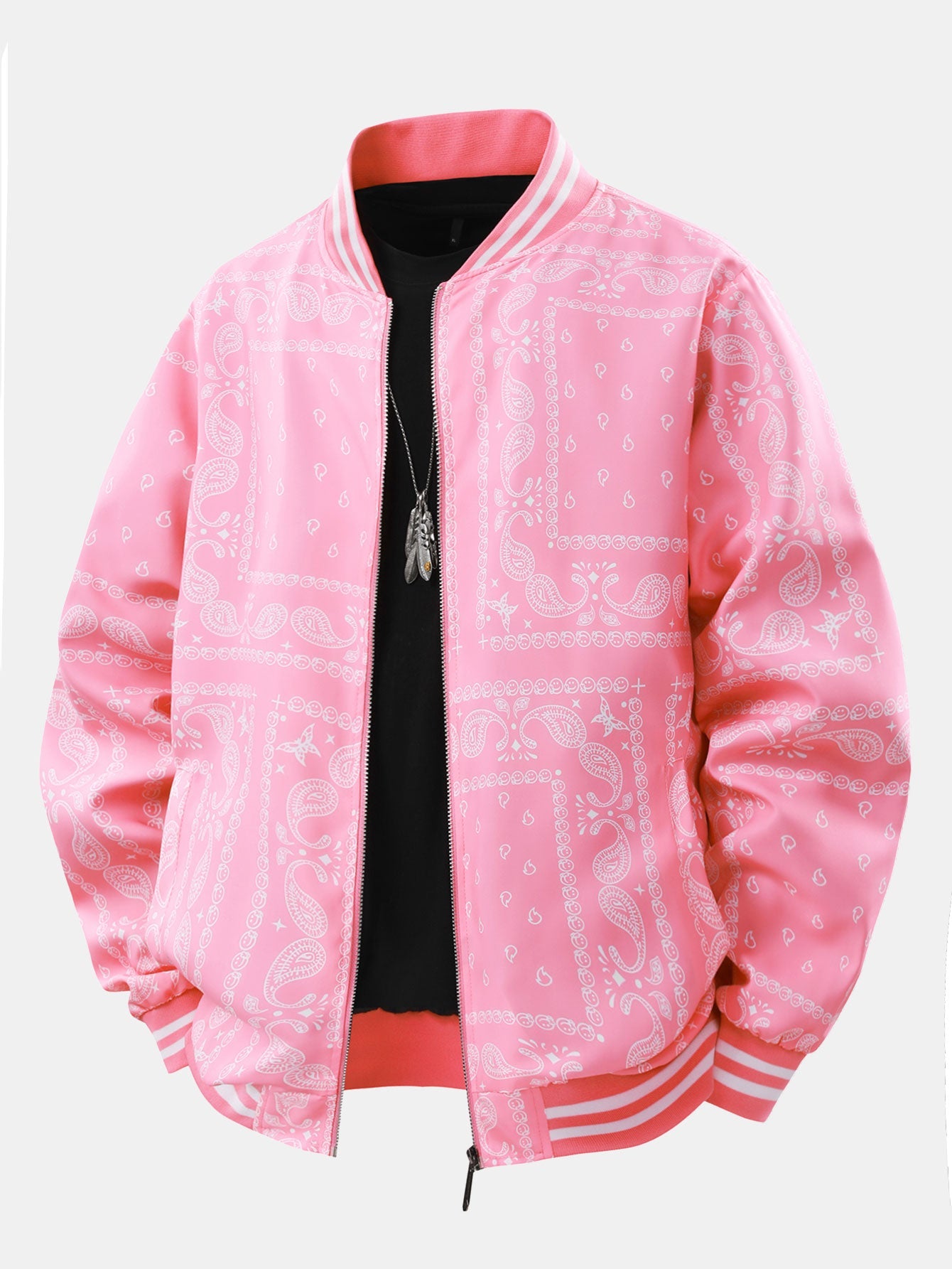 Men's Bandana Print Bomber Jacket Full Zip Ribbed Collar