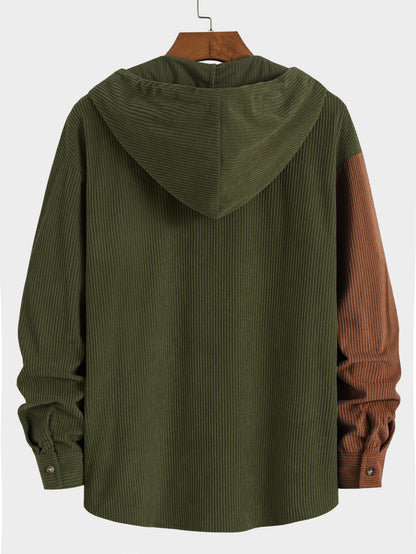 Men's Hooded Color Block Shirt Long Sleeve Button Front Shacket Top