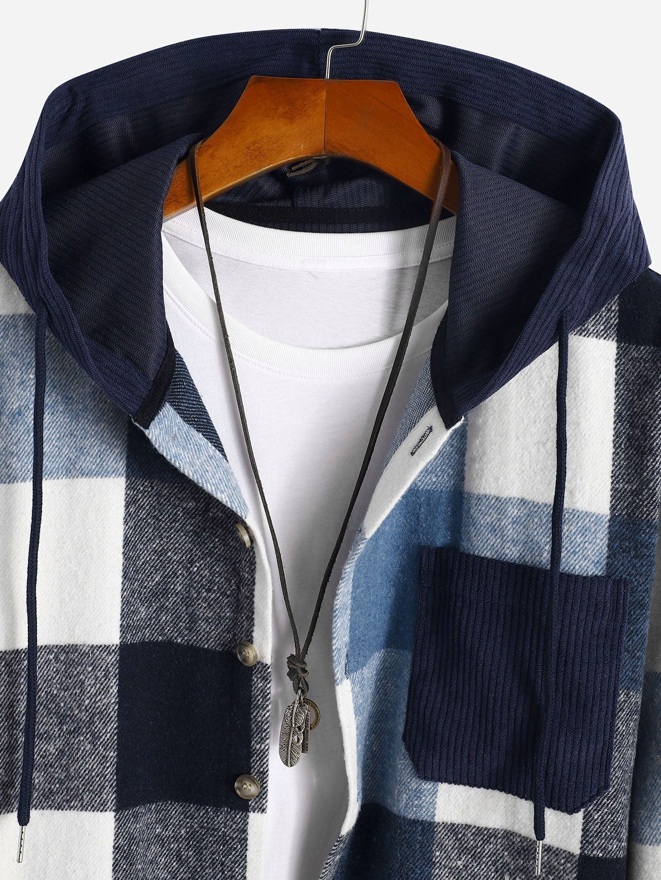 Men's Plaid Hooded Shirt Button Up Long Sleeve Overshirt Top
