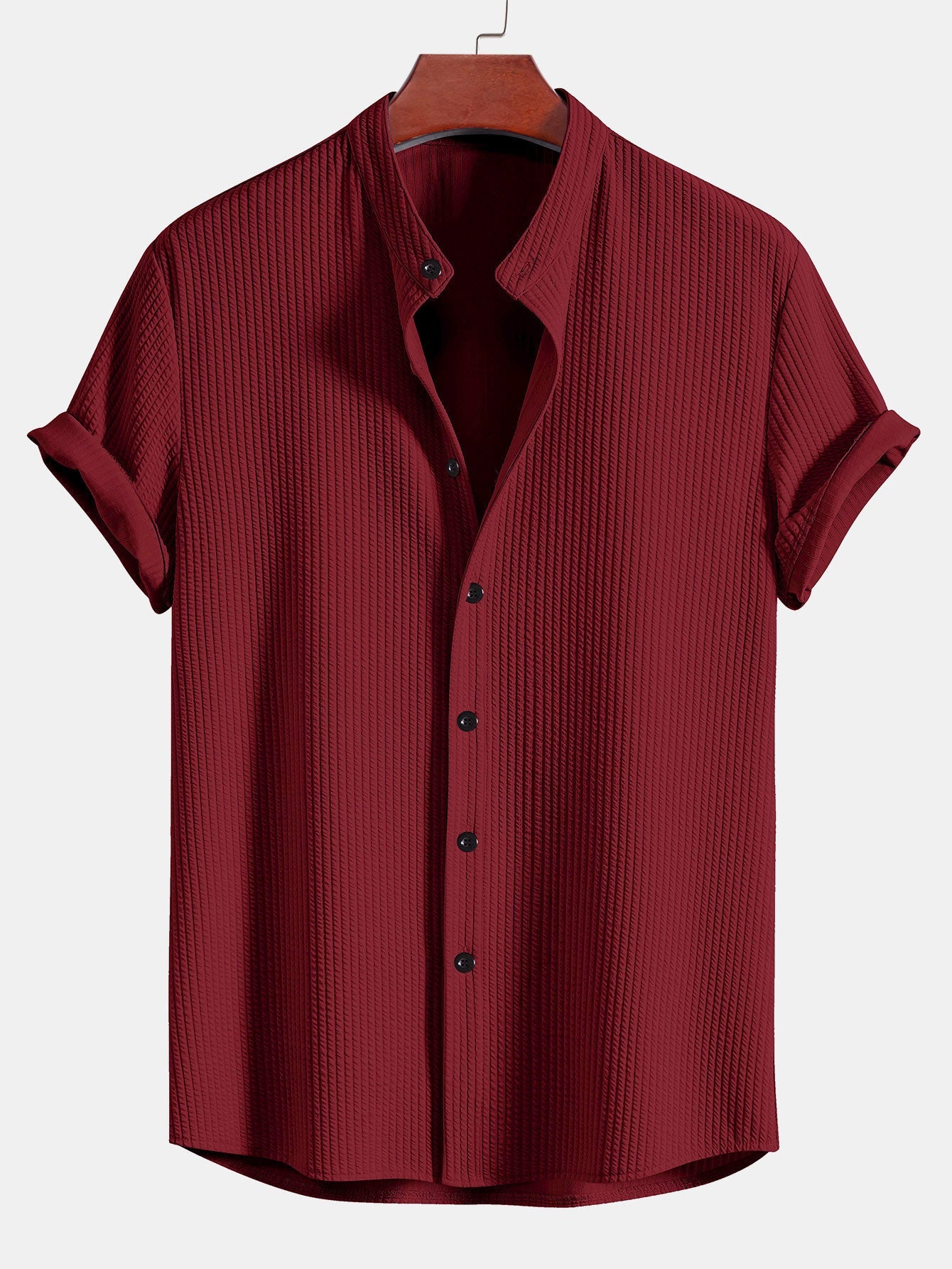 Men's Band Collar Short Sleeve Button Up Textured Shirt
