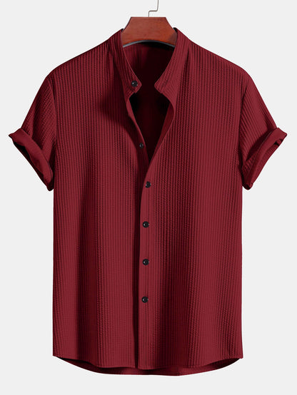Men's Band Collar Short Sleeve Button Up Textured Shirt
