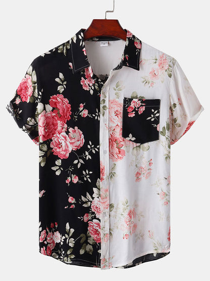 Men's Short Sleeve Floral Shirt with Chest Pocket Button Front