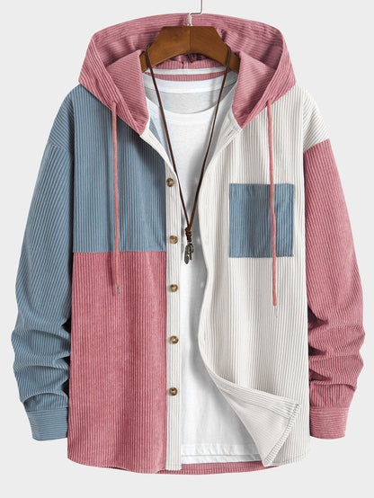 Men's Hooded Color Block Shirt Long Sleeve Button Front Shacket Top