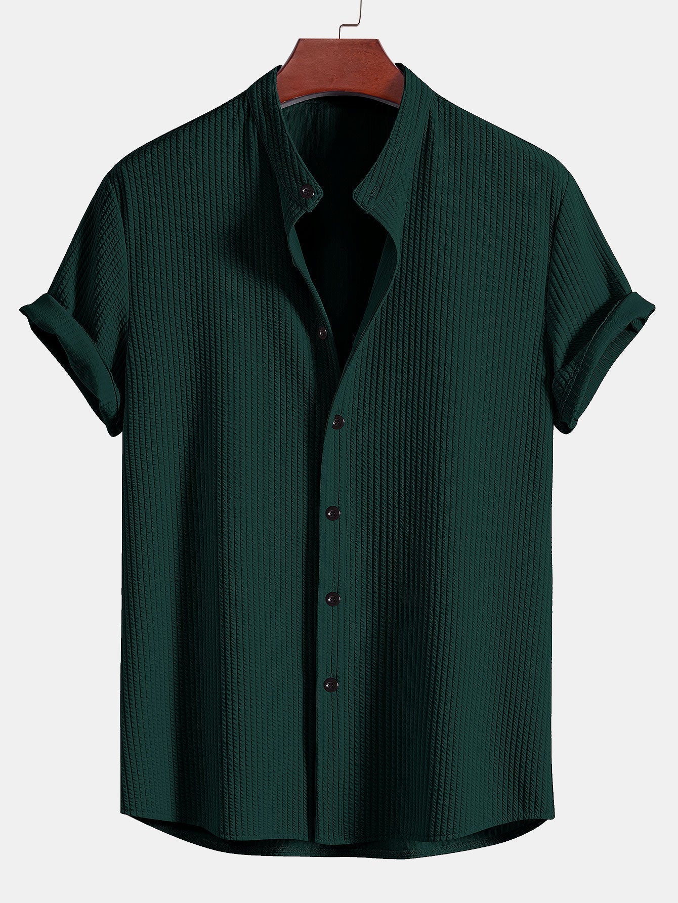 Men's Band Collar Short Sleeve Button Up Textured Shirt