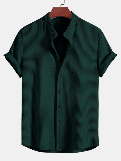 Men's Band Collar Short Sleeve Button Up Textured Shirt