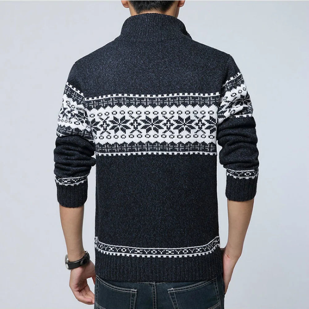 Men's Patterned Knit Cardigan with Zip Front and High Neck