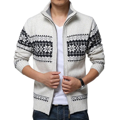 Men's Patterned Knit Cardigan with Zip Front and High Neck