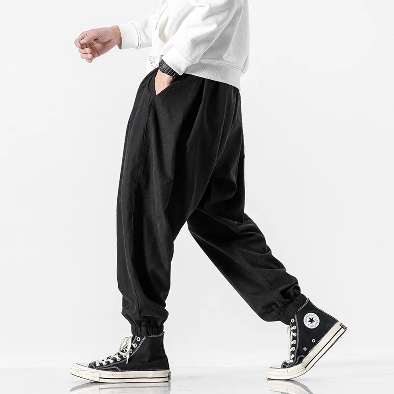 Men's Baggy Harem Trousers with Drawstring Waist and Cuffed Hems