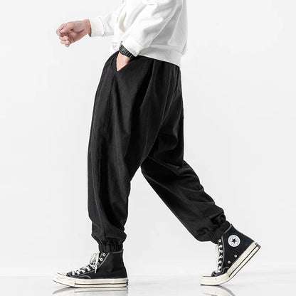 Men's Baggy Harem Trousers with Drawstring Waist and Cuffed Hems