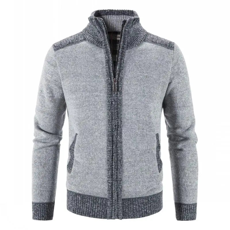 Men's Knitted Zip Up Cardigan with Stand Collar and Pockets
