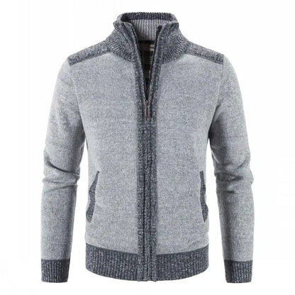 Men's Knitted Zip Up Cardigan with Stand Collar and Pockets