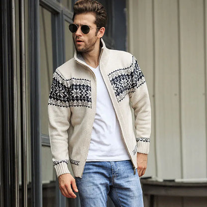 Men's Patterned Knit Cardigan with Zip Front and High Neck