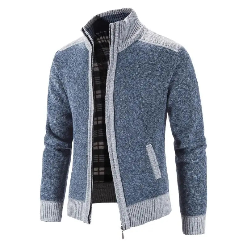 Men's Knitted Zip Up Cardigan with Stand Collar and Pockets