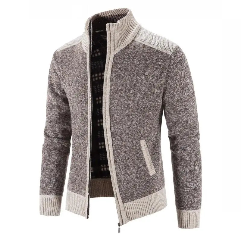 Men's Knitted Zip Up Cardigan with Stand Collar and Pockets