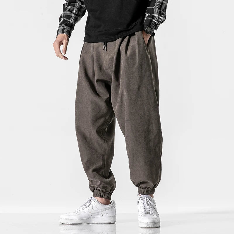 Men's Baggy Harem Trousers with Drawstring Waist and Cuffed Hems