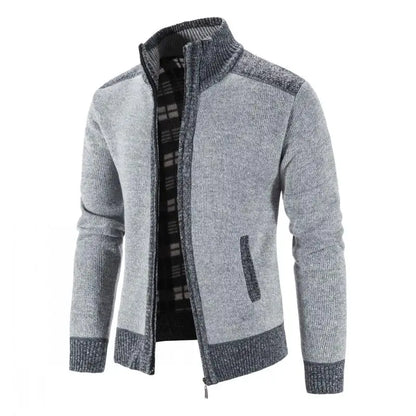 Men's Knitted Zip Up Cardigan with Stand Collar and Pockets