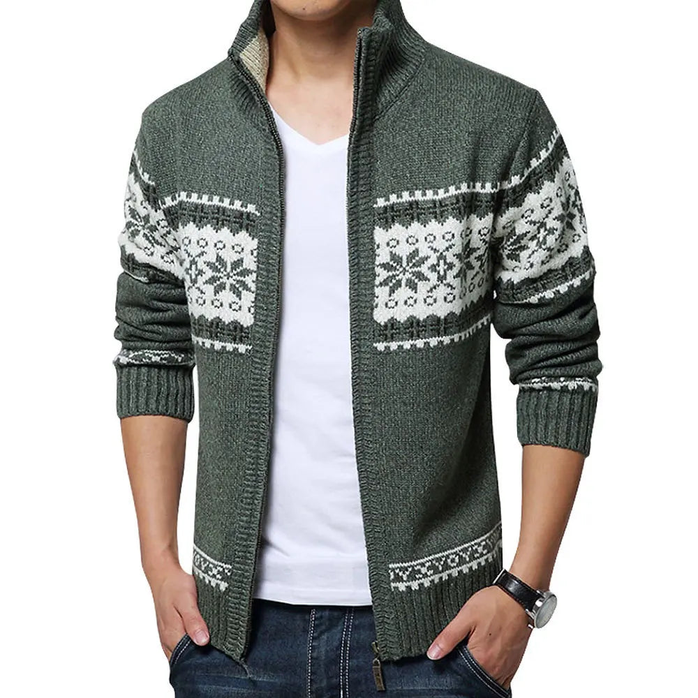 Men's Patterned Knit Cardigan with Zip Front and High Neck