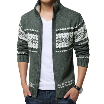 Men's Patterned Knit Cardigan with Zip Front and High Neck
