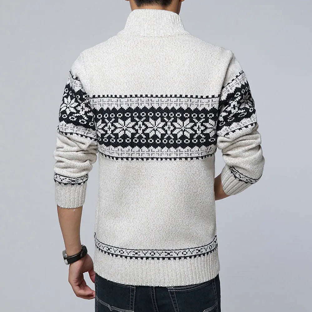 Men's Patterned Knit Cardigan with Zip Front and High Neck